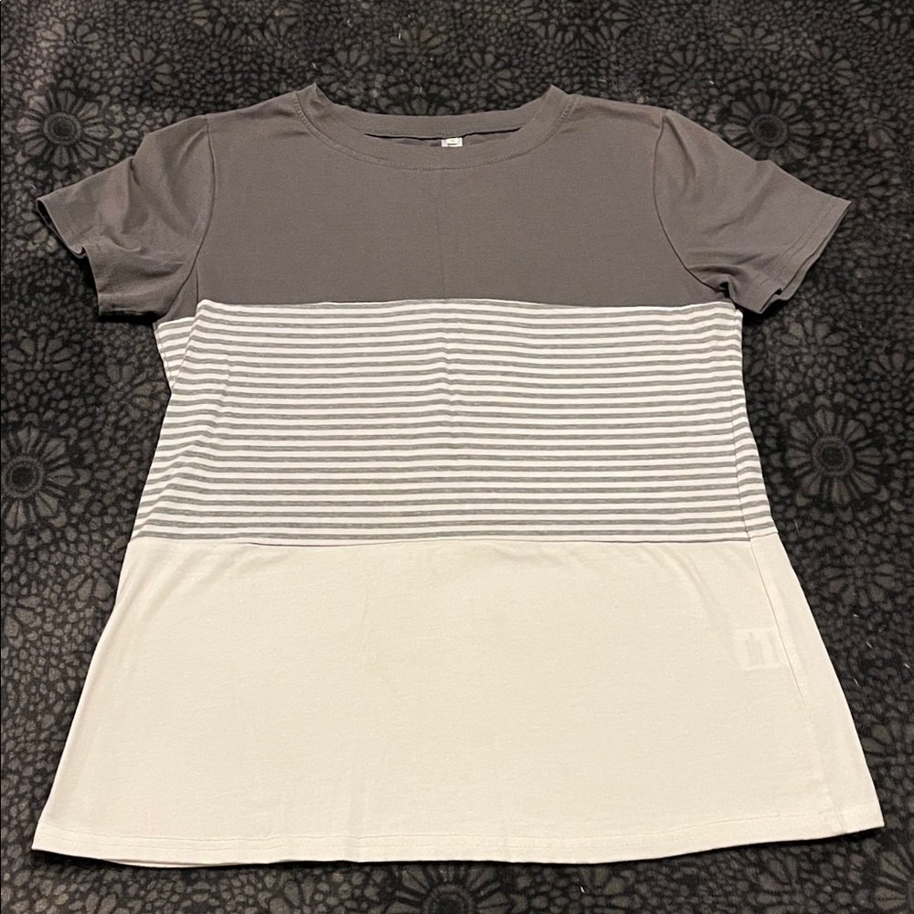 Leo Rosi Gray and White Striped Short Sleeve Tee